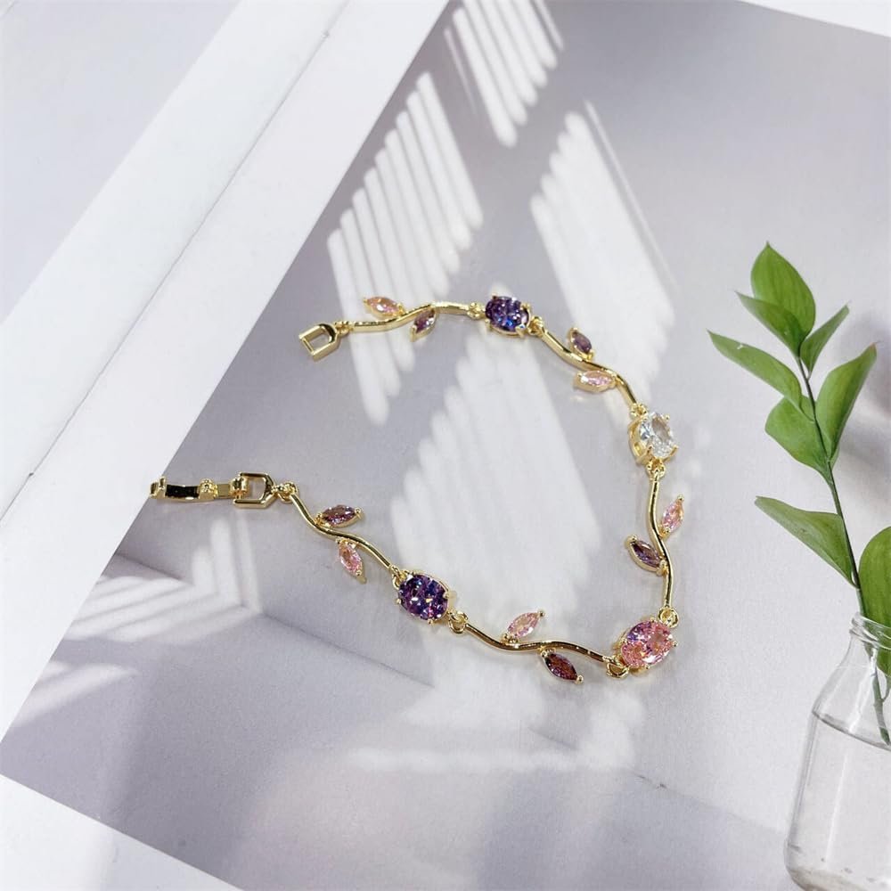 Crystal Flower Leaf Bracelet for Women Gold-Tone/Silver Plated Dainty Colorful Oval Cz Cubic Zirconia Floral Tennis Bracelets Sweet Fine Bridal Wedding Prom Jewelry for Her 7.48inch - Image 2