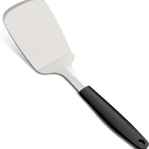 Stainless Steel Spatulas Set, 13.3 inch Metal Spatula, Full Tang Solid and Slotted Turner for Cooking Cast Iron Skillet, Heat Resistant Silicone Handle (Solid 4.6"x3.7")