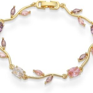 Crystal Flower Leaf Bracelet for Women Gold-Tone/Silver Plated Dainty Colorful Oval Cz Cubic Zirconia Floral Tennis Bracelets Sweet Fine Bridal Wedding Prom Jewelry for Her 7.48inch