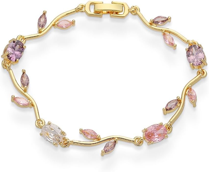 Crystal Flower Leaf Bracelet for Women Gold-Tone/Silver Plated Dainty Colorful Oval Cz Cubic Zirconia Floral Tennis Bracelets Sweet Fine Bridal Wedding Prom Jewelry for Her 7.48inch