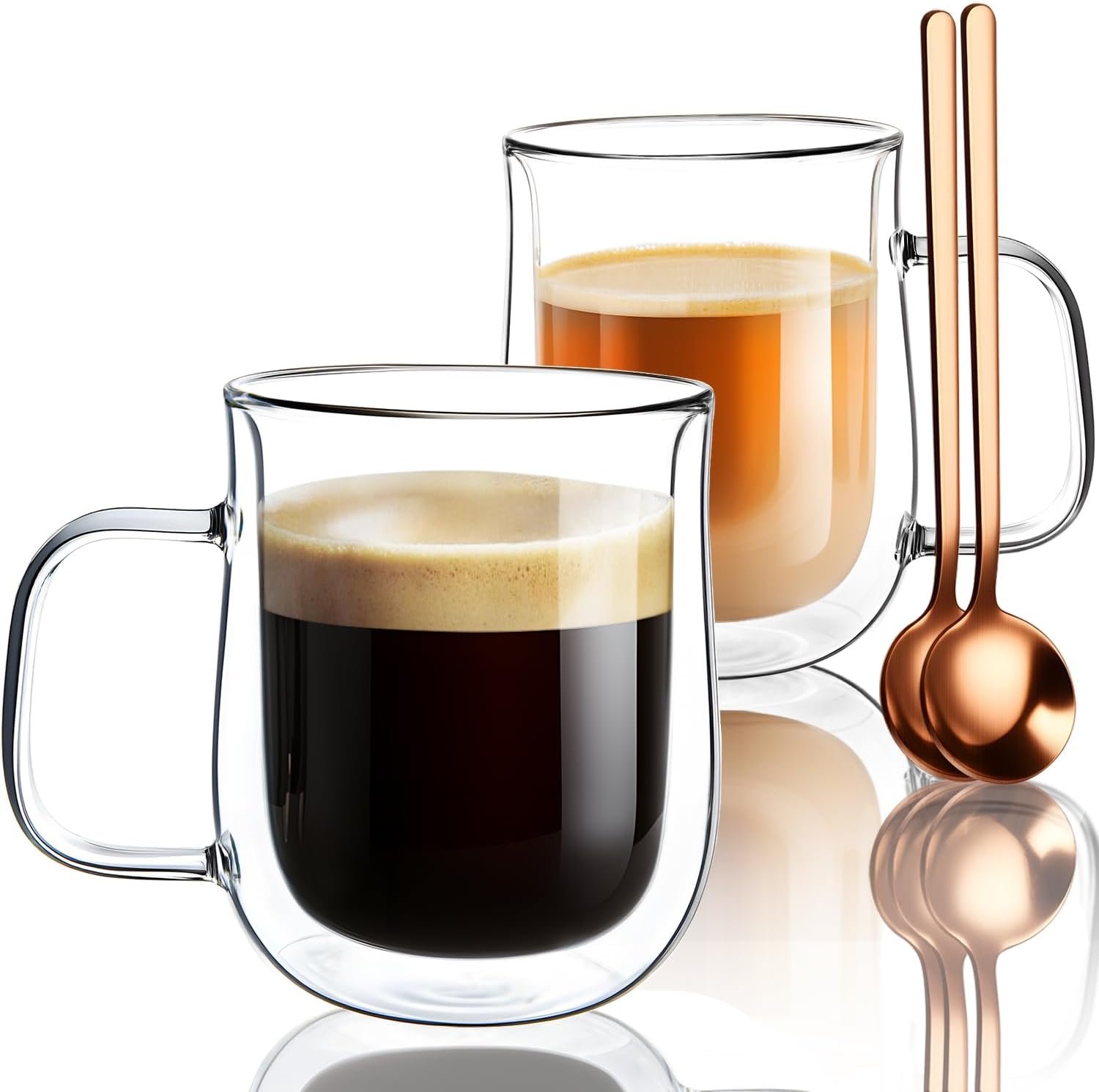 12 oz double-walled borosilicate glass coffee mugs (set of 2, includes stirring spoons); heat-insulated, clear glass.