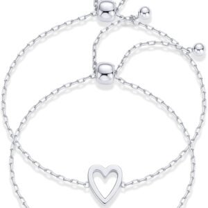 14K Gold Plated Matching Heart Charms Solitaire Bracelet Set for Women | Adjustable Valentines Day Love Friendship Two Bracelet Pack