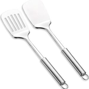 Stainless Steel Spatulas Set,  Silver Slotted Turner, Solid Turner, Heavy Duty Sturdy Kitchen Spatula High Heat Resistant, Ideal Cookware for Fish,Eggs,Pancakes, Dishwasher Safe, Easy to Clean