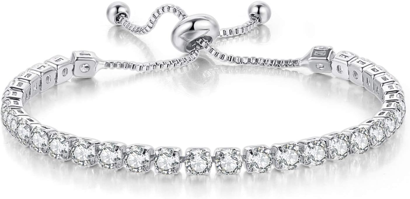 Tennis Bracelets for Women White Gold Plated Diamond AAA+ Cubic Zirconia CZ Dainty Classic Adjustable Slider Bracelet Silver Fashion Jewelry Wedding Gift