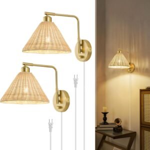 Two-Piece Rattan Plug-in Wall Lamp, Dimming Knob Switch