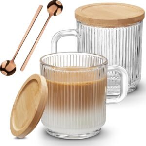 Glass Coffee Mugs (Set of 2, with Handles and Spoons), 12 oz Glass Mugs, Ribbed Glass Cups, Clear Tea Cups (Suitable for Hot and Cold Drinks)