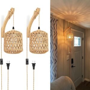 Two-Piece Hand-Woven Rattan Plug-in Wall Lamp