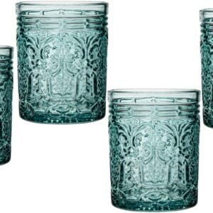 Features a vintage decorative style; suitable for water, cocktails, and various other beverages.