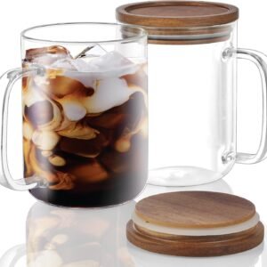 Glass Coffee Mugs, 20 oz Clear Mugs with Acacia Wood Lids and Handles, Large Coffee Cups (Set of 2)