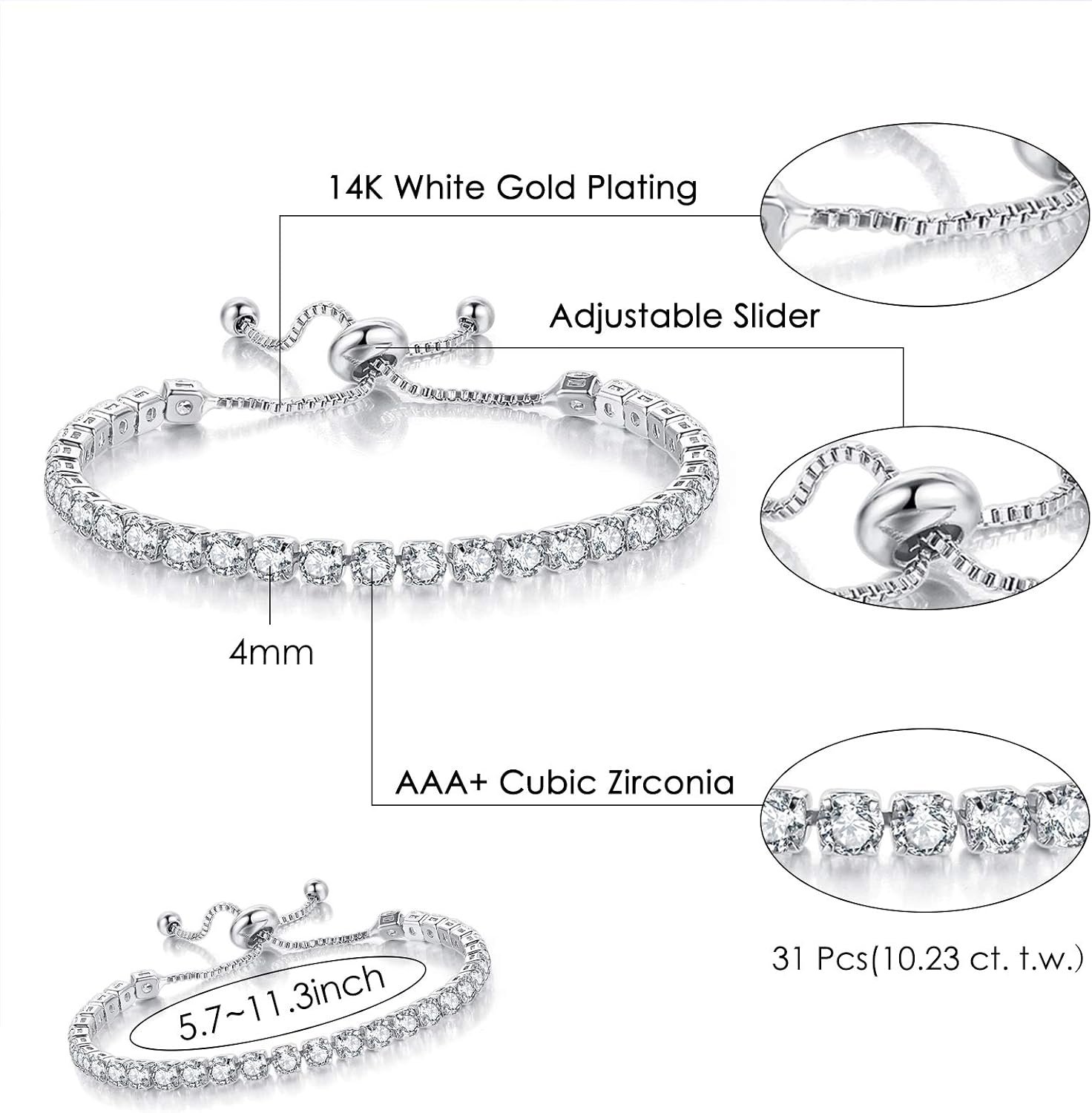 Tennis Bracelets for Women White Gold Plated Diamond AAA+ Cubic Zirconia CZ Dainty Classic Adjustable Slider Bracelet Silver Fashion Jewelry Wedding Gift - Image 2