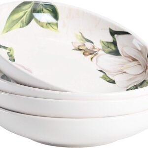 Magnolia-pattern pasta/salad bowls (4-piece set); large ceramic serving bowls (suitable for soup, cereal, etc.); microwave and dishwasher safe