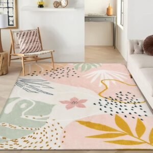 Machine-washable large area rug (6x9 ft): Non-slip, lightweight, and soft; suitable for bedrooms; Bohemian botanical print ultra-thin indoor rug for classrooms, nurseries, and dining rooms