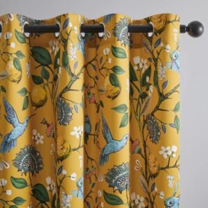 Mustard Yellow Vintage Curtains & Drapes 84 Inches Long, Grommet Luxury Whimsical Floral Lemon Hummingbird Patterned  Mid Century Colorful Blackout Drapes for Living Room Bedroom