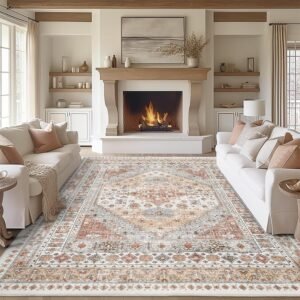 Living room area rug (8x10 ft): Non-slip backing, machine-washable, vintage style, stain-resistant home decor rug