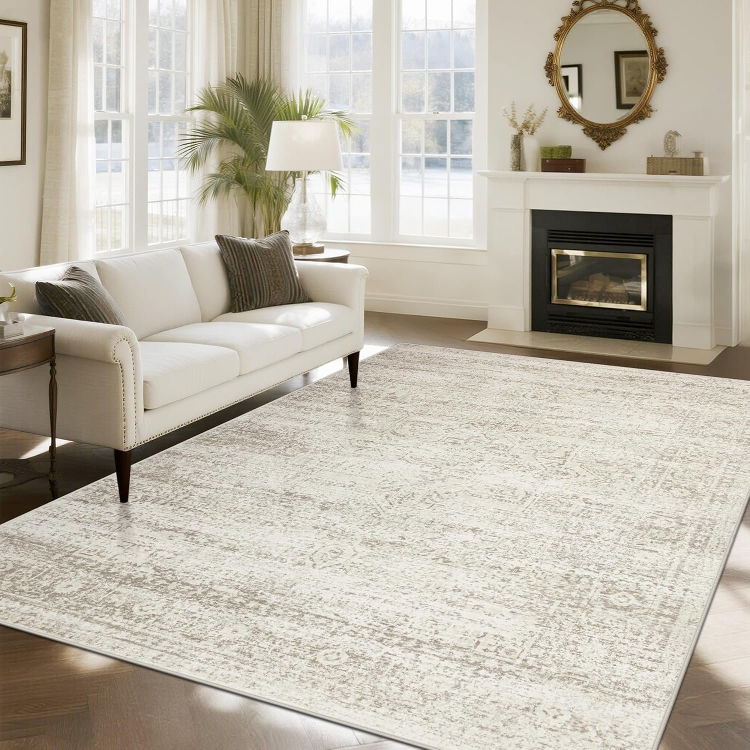 Washable Large Area Rug (8x10 ft) for Living Room: Ultra-soft faux wool vintage-style rug suitable for bedrooms and dining rooms; non-slip, non-shedding, low-pile vintage print rug ideal for home office decor
