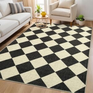 Modern Checkered Large Area Rug (6x9 ft): Geometric farmhouse style, washable; suitable for living rooms and bedrooms; soft, low-pile, non-slip diamond/checkered print rug ideal for kids' rooms and classrooms