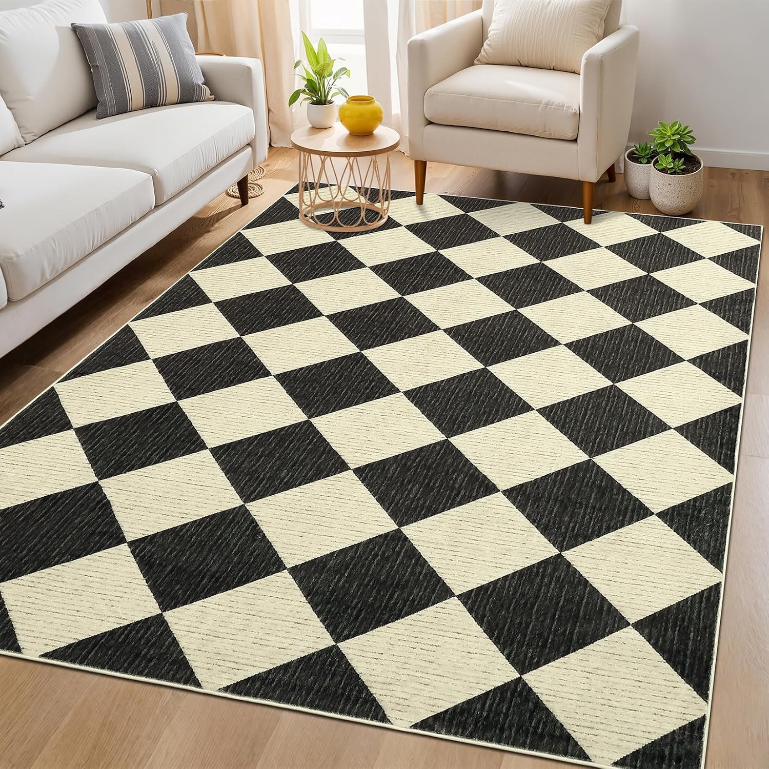 Modern Checkered Large Area Rug (6x9 ft): Geometric farmhouse style, washable; suitable for living rooms and bedrooms; soft, low-pile, non-slip diamond/checkered print rug ideal for kids' rooms and classrooms