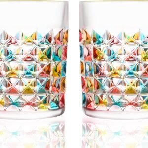 Glassware set (set of 2, 10 oz); colorful vintage-style glasses; premium crystal glassware.