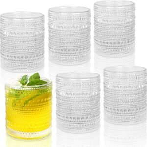 10 oz drinking glasses (set of 6); vintage-style glassware with a textured bubble design; clear glass.