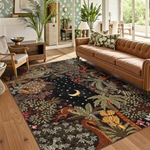 Jungle-Themed Large Area Rug (5x7 ft): Washable rug suitable for living rooms and bedrooms; soft, low-pile, non-slip decorative rug with animal print, ideal for dining rooms and playrooms